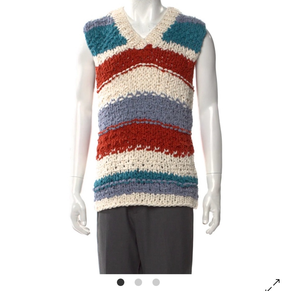 The Elder Statesman V-Neck Sweater Vest in Red, Blue, and Cream